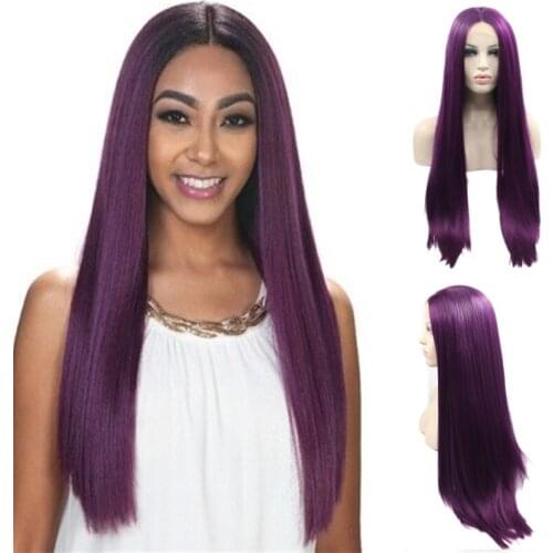 Long Dark Purple Synthetic Lace Front Wigs for Women Silky Purple Straight Wig Heat Resistant Replacement Lace Wig