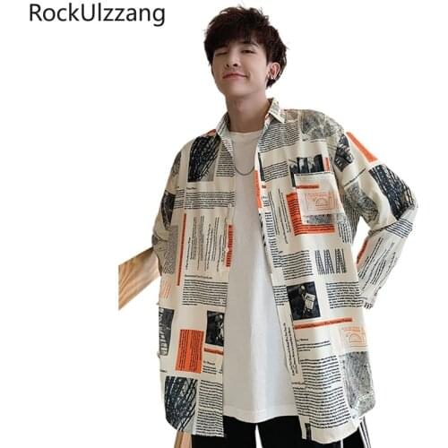 Harajuku Streetwear Japanese Plus Oversized Newspaper Graffiti Contrast Print Long Sleeve Top Men Shirt Blouse Hip Hop Fashion