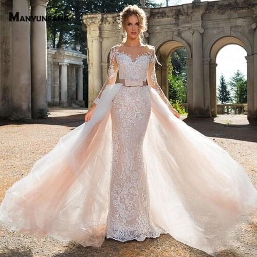 Custom Made O-Neck Full Sleeve Embroidery Appliques Tulle Mermaid Wedding Dress Elegant Detachable Train 2 IN 1 Bridal Gown