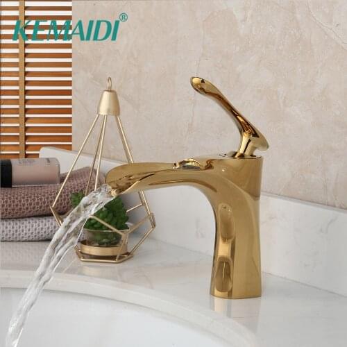 KEMAIDI Polish Stream Spout Basin Faucet Solid Brass Sink Faucet Deck Mount Water Mixer Tap Gold Plated Bathroom Faucet Golden