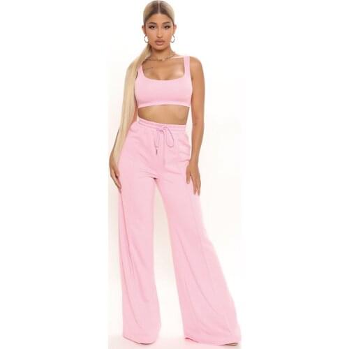 Womens Two Piece Pant Suit Summer Sport Tracksuit Low Neck Sleeveless Tank Tops and Drawstring Wide Leg Pant Pink Brown Outfit