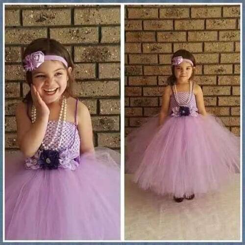 Beautiful Girls Lavender Tutu Dresses Kids Crochet Tulle Tutus Ball Gown with Flowers and Headband Children Wedding Party Dress
