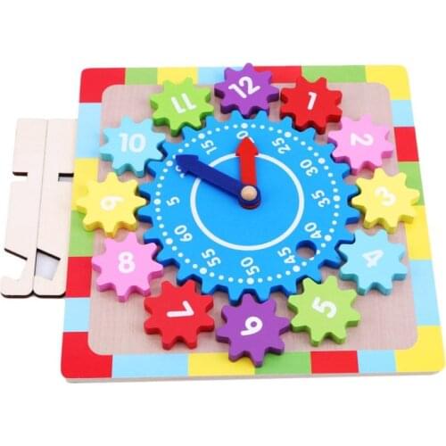 Montessori Cartoon Animal Educational Wooden Gear Block Geometry Digital Clock Puzzles Gadgets Matching Clock Toys For Children