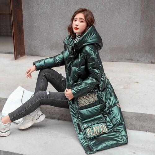 Printing Winter X-long Jacket For Women Hooded Shiny Female Cold Coat Plus Size Hooded Stand Collar With Zipper Womens Parkas