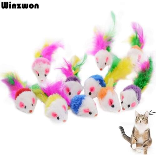 10Pcs/lot Colorful Cat Toys Interactive Squeak Toys Mini False Mouse Pet Cats Toy Feather Plush Funny Playing Toys For Cats