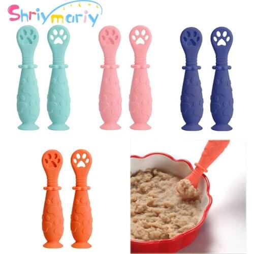 Shriymariy 2Pcs/Set Baby Feeding Spoon Silicone Teether Training Utensils Newborn Learn Spoons Toddler Infant Tableware for Kids