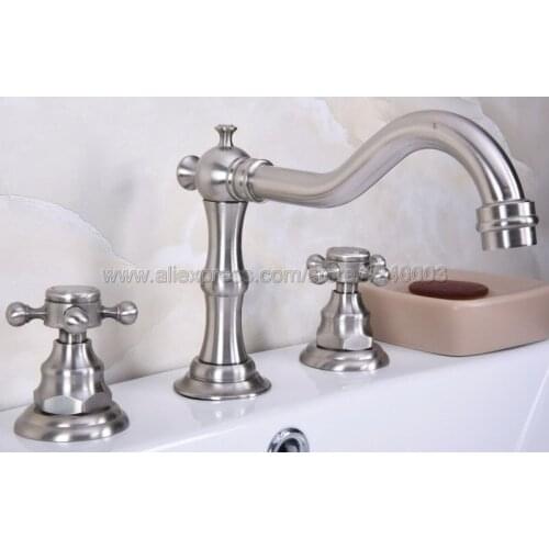 Brushed Nickel Widespread Basin Faucet Dual Handle Bathroom Sink Mixer Tap 3 Holes Hot and Cold Water Lavatory Sink Taps Kbn012