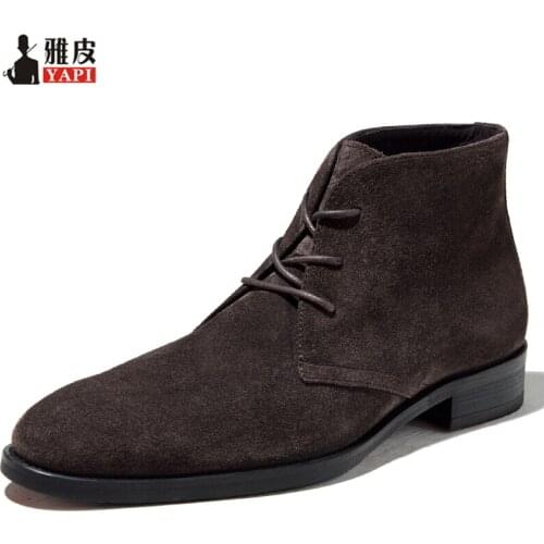 Super Recommand! Nubuck Leather Ankle Boots Men Genuine Leather Lace Up Pointed Toe Winter Fur Boots Warm Shoes Man