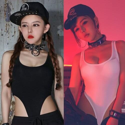 Hip Hop Dance Tops Costume Sleeveless Black White Solid Color Sexy Vest Bodysuit Female Nightclub Bar Jazz Show Clothes DT700