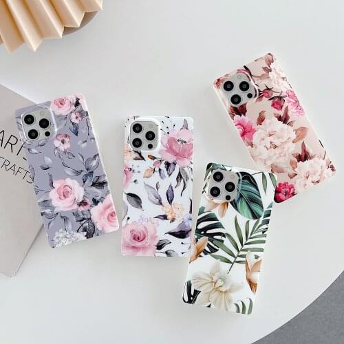 Vintage Flower Phone Case for iPhone 12 11 Pro Max XR 7 8 Plus Banana Leaves Square Shockproof Soft TPU Protective Back Cover