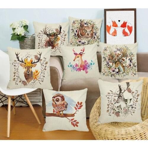 XUNYU Watercolor Animal Cushion Cover Watercolor Elk Owl Fox Giraffe Linen Pillowcase Home Sofa Decorative Pillowcase A0023