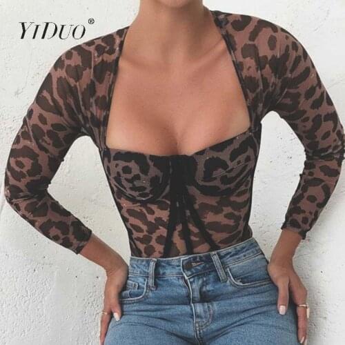 YiDuo Leopard Print Bodysuit Push Up Body Jumpsuit Women Long Sleeve Bodycon Overalls Sexy Autumn Hollow Out Bodysuit Party Wear