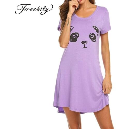 Women Purple Nightgowns Sleepshirts Sleepwear Cute Eyes Cotton Sleep Shirt Night Dress Soft Short Sleeve Nightwear Plus Size