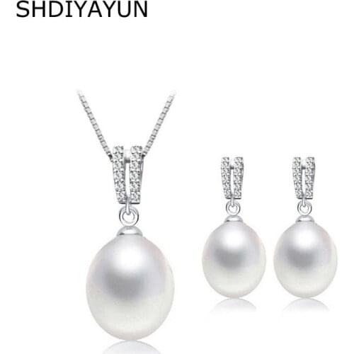 SHDIYAYUN 2019 Pearl Jewelry Set Zircon 925 Sterling Silver Jewelry For Women Natural Freshwater Pearl Necklace Drop Earrings