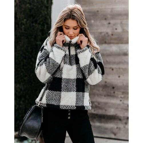Autumn Winter Thick Plaid Sweatshirts Women Stand Collar Zip Up Loose Leisure Pullovers Black Checkerboard Pullover Sweatshirts