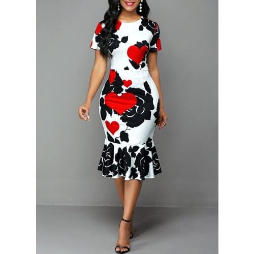 Spring and summer round neck short-sleeved printed slim-fit bag hip ruffle dress women