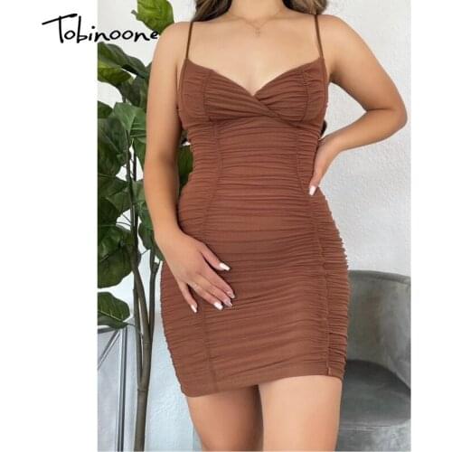 Tobinoone V Neck Ruched Bodycon Dress Women Spaghetti Strap Backless Sexy Mini Dresses Summer Nightclub Party Vestidos 2021