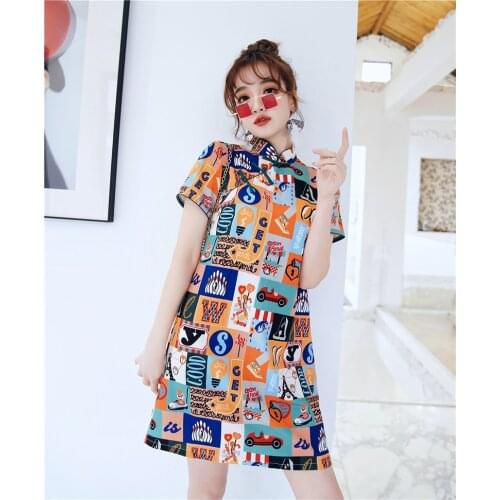 Women Summer Cheongsam Chinese Traditional Cute Cartoon Printed Dress Harajuku Style Girls Mini Vestidos Casual Clothes Qipao