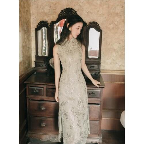 New summer original Chinese old Shanghai style flower Embroidered mandarin collar sleeveless Cheongsam literary dress for women