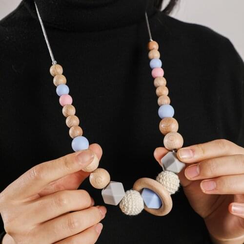 1 Pcs Food Grade Silicone Baby Teether Necklace Beech Wooden 40mm Silicone Beads Long Chain Nursing Toy Training Infant Chew Toy