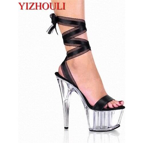 15 cm high heel with crystal ribbon chunky sole sandals, 6 inch heel with interchangeable ribbon including ribbon, stage shoe