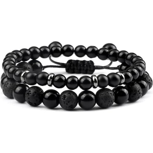2pcs Abjustable Beads Bracelets Natural Black Onyx Tiger Eye Stone Bracelet for Women Men Classic Elastic Bangles Charm Jewelry