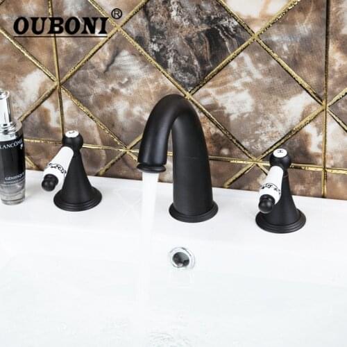 Black Bathroom Bathtub Faucet Torneira Oil Rubbed Bronze 3 Pieces Double Handles Bathroom Basin Sink Brass Faucet,Mixer Tap