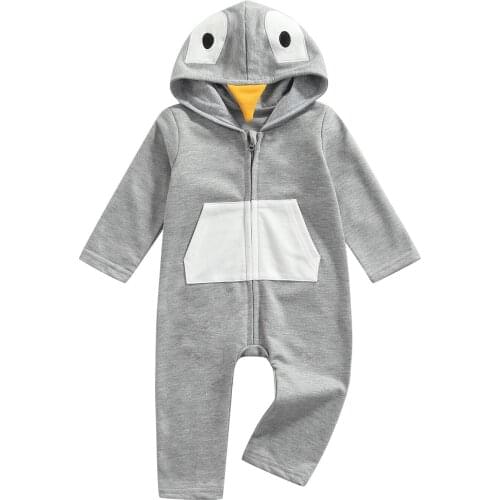 Infant Baby Romper, Boys Cartoon Long Sleeve Hooded Jumpsuit Playsuit with Zipper for Spring Fall, Gray, 3-18 Months