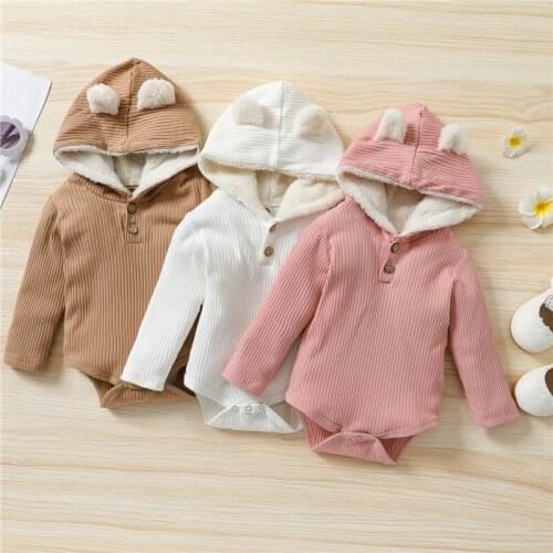 Baby Girls Boys Fleece-lined Romper, Autumn Winter Solid Color Ribbed Cartoon Ears Decoration Long Sleeve Hooded Jumpsuit 0-24M
