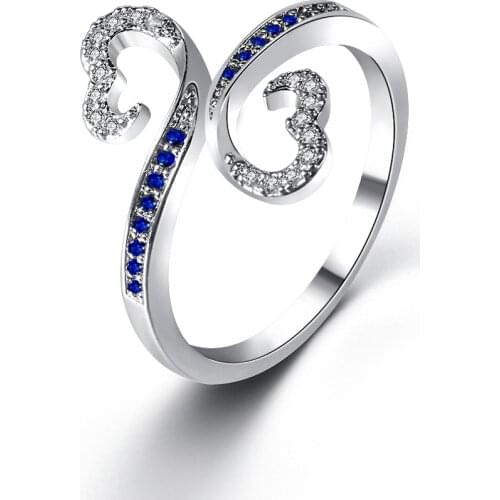 Hot Women Ring Blue CZ Cubic Zirconia Ring Simple Hollow Butterfly Shape Intersecting Line Rings Semi-Heart Wedding Jewelry