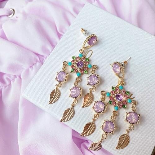 MENGJIQIAO Korean Vintage Purple Crystal Dangle Earrings For Women Girls Elegant Leaf Tassel Party Pendientes Jewelry Gifts