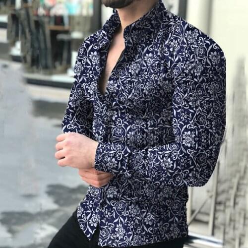 Mens Personality Button Print Shirt Fashion Mens Casual Stand Collar Print Floral Long Sleeve Button Shirt Top рубашка 40