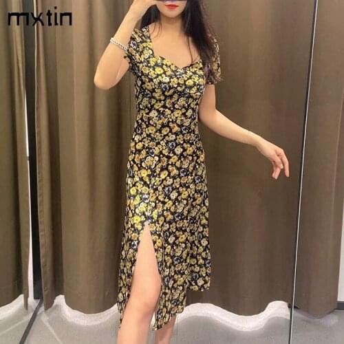 MXTIN 2021 Women Summer Vintage Satin Floral Print Midi Dress Fashion Square Collar Short Sleeve Female Sexy Split Dresses Mujer
