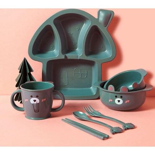 6-piece Set Childrens Cartoon PP Anti-fall Grid Plate Food Supplement Feeding Bowl Plates Toddler Kids Dishes with Fork spoon