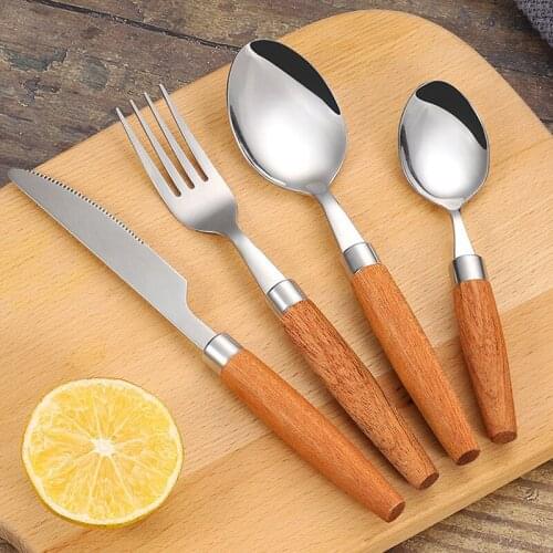 Japanese Wooden Handle Dinnerware Sets Stainless Steel Knife Fork Spoon Tableware Meal Spoon Tea spoon Gift Household Dinner Set