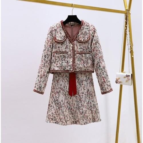 New High Quality Autumn Winter Woolen Two Piece Set Women Tweed Short Jacket Coat +Sexy Bow Vest Dress Fashion 2 Piece Outfits