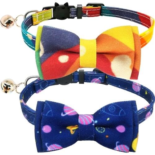 Breakaway Cat Collars with Bell and Bowtie Charm Rainbow Galaxy Element Adjustable Safety Kitten Collars for Kitty Puppy