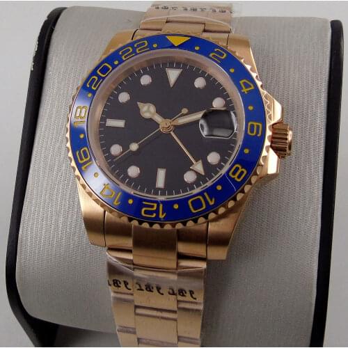 Luxury Automatic Men Watch Rose Gold Coated Wristwatch Sapphire Glass GMT Date Function Blue Ceramic Bezel