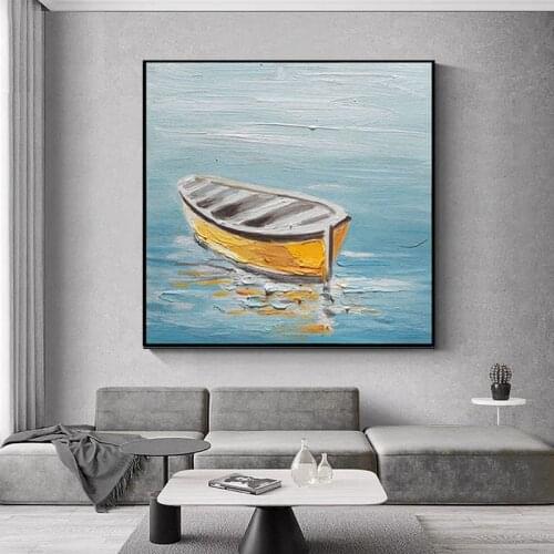 Hand-painted Oil Painting Seaside Boat Seascape Painting Restaurant Living Room Office Modern Hanging Painting No Frame