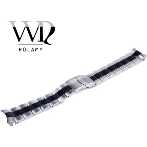 Rolamy 22mm Sliver Black Stainless Steel Wrist Watch band Replacement Metal Watchband Bracelet Double Push Clasp For Seiko