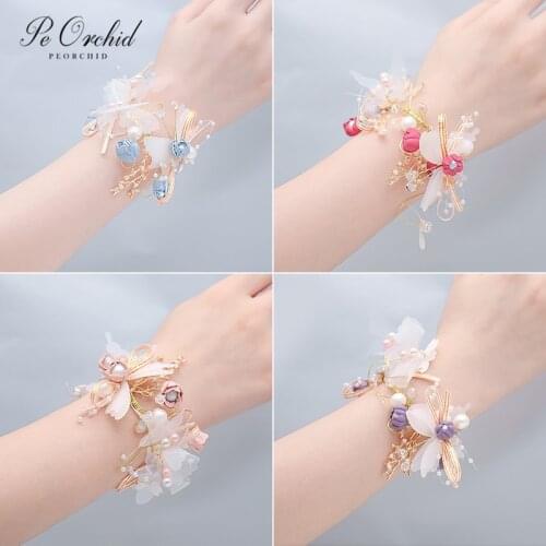 PEORCHID Butterfly Wedding Bracelet Team Bride Beaded Bridesmaid Wrist Corsage Hand flower Bridal Accessories