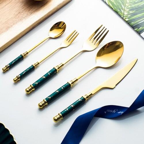 Vintage Cutlery Set Long Handled Tableware Fork Spoon Knife Set Golden Marble Flatware 304 Stainless Steel Dinner Dinnerware Set