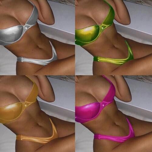 Women PU Leather Push-Up Beachwear Bathing Suits Bikini Summer Swimsuit Swimwear SwimSuit Bright Faux leather Bikini Cup Shape