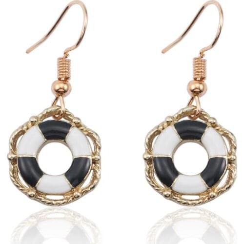 Ladies Cute Enamel Pendant Earrings Two-tone Lifebuoy Charm Earrings Navy Blue Summer Womens Lifebuoy Earrings Bijoux Femme