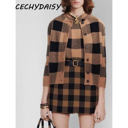 Winter autumn Cardigan women high street casual single breasted elegant plaid sweater top knitted clothes outwear roupa