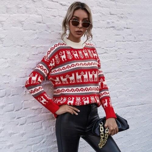 Red Animal Print Christmas Turtleneck Element Woman Sweaters Pullover Long Sleeve Loose Korean Tops Lady 2020 Winter Clothes