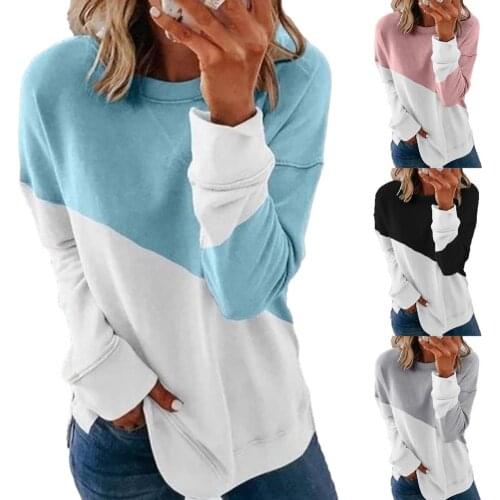 Autumn Women Long Sleeve Casual Sweatshirt Round Neck Pullover Top Shirt Fashion Stitching Street Plus Size Women Clothing