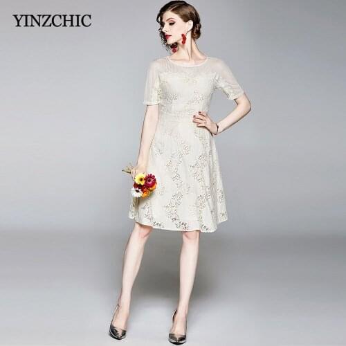 Summer New Woman Beige Lace Dress O-neck Short Sleeve Ladies Slim Mid Dresses Office Lady Elegant A-line Party Dress Knee-length