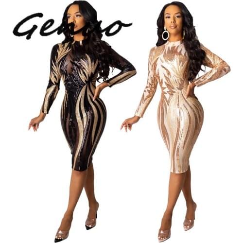Genuo New Women Fall Winter Long Sleeve O Neck Bodycon Sequined Sexy Fashion Night Club Party Bandage Midi Dresses Vestidos