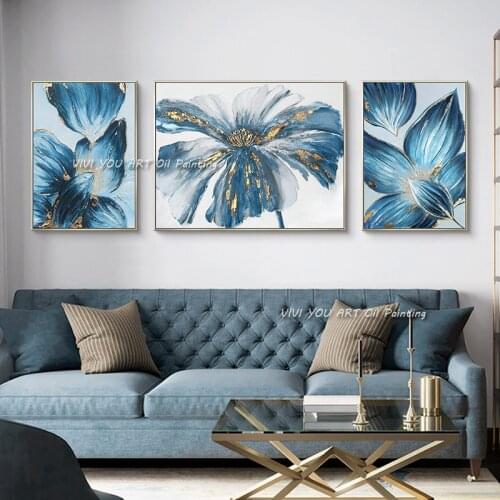 100% Handmade 3 Panels Gold Foil Canvas Oil Painting Large Modern Living Room Bedroom Blue Flower Wall Art Home Decor No Framed